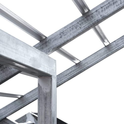 Steel beam structure roof building site isolated on white background, Modern metal structure house